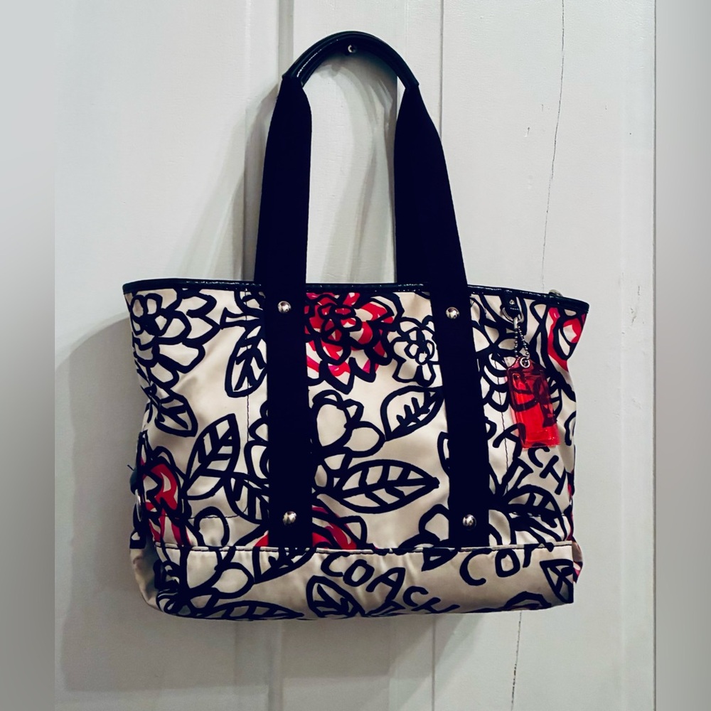 Coach Floral Outline Tote in Cream, Black & Red